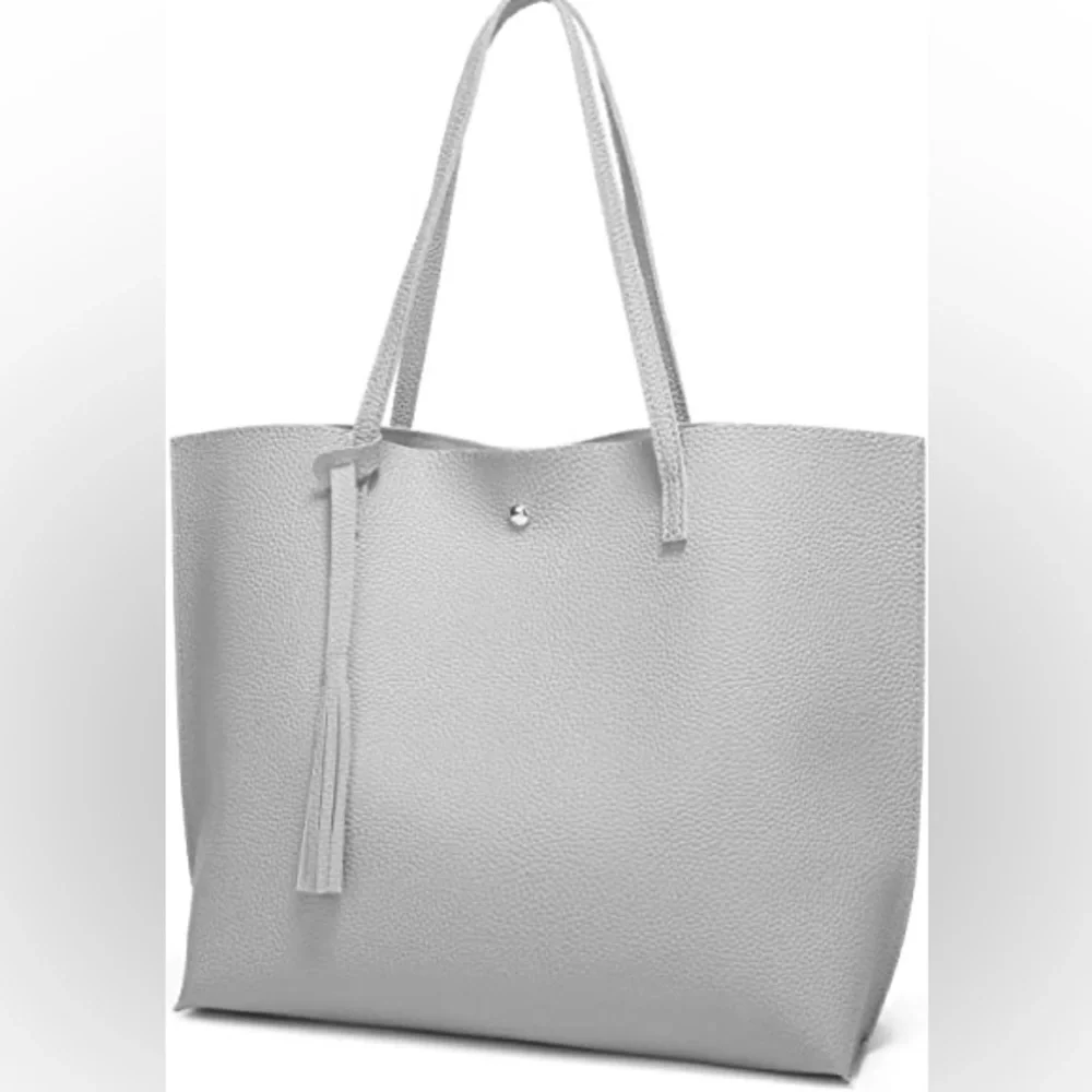 GREY SOFT FAUX LEATHER TOTE SHOULDER BAG - Picture 1 of 5